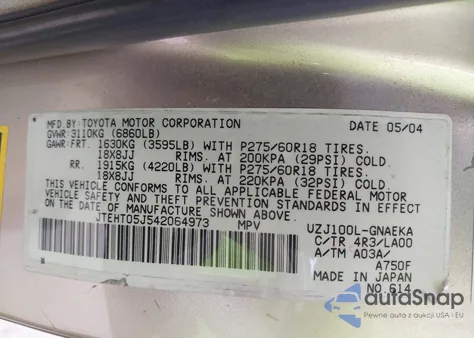 2004 Toyota Land Cruiser z USA, uszkodzony, nr VIN JTEHT05J542064973